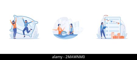work from home online, concept of solving business problems, online collaboration meeting, set flat vector modern illustration Stock Vector