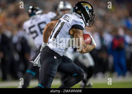 Jacksonville Jaguars defensive back Shabari Davis is tackled by Las Vegas  Raiders defensive end Tashawn Bower during the second half of the NFL  football exhibition Hall of Fame Game, Thursday, Aug. 4