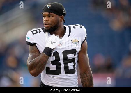 Jacksonville Jaguars running back Mekhi Sargent (36) loosens up