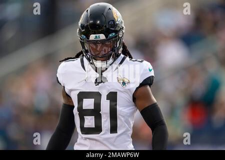 Jacksonville Jaguars wide receiver Willie Johnson warms up before the Hall  of Fame exhibition football game, between the Las Vegas Raiders and the Jacksonville  Jaguars in Canton, Ohio, August 4, 2022. (AP