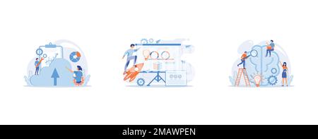 businessmen discuss social network, a young man holds out an umbrella from the rain to another in a state of depression, a group of people dancing and Stock Vector