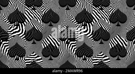 Seamless zebra or tiger stripe spades playing card suit pattern. Black and white Alice in Wonderland psychedelic opart wallpaper design motif. Gaming, Stock Photo