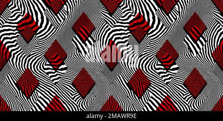 Seamless zebra or tiger stripe diamonds playing card suit pattern. Black, red and white Alice in Wonderland psychedelic opart wallpaper design motif. Stock Photo