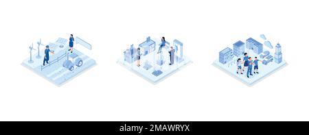 Colorful Smart Farm on a digital device with wooden barn, wind turbines, photovoltaic solar panels, and drone, Green Industrial Factory with Renewable Stock Vector