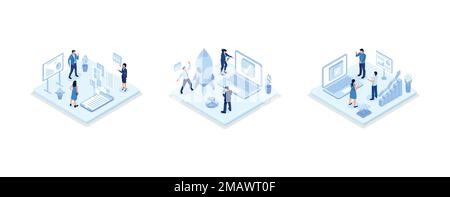 Business illustration set. Characters planning, prototyping and testing startup ideas and analyzing marketing data. Business activities concept, set i Stock Vector