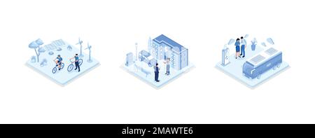 Sustainable transportation illustration set. Private electric vehicle near charging station, e-bike and public transport in modern city. Eco friendly Stock Vector