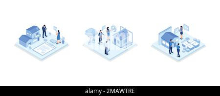 Mortgage process illustration set. People buying property with mortgage. Characters getting bank approval, reading contact and legal documents and rec Stock Vector
