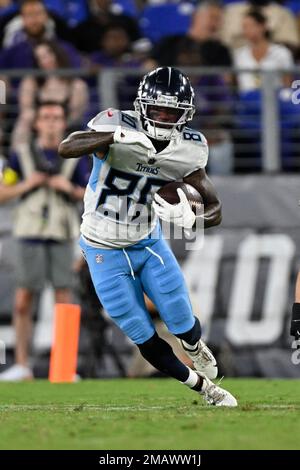 Tennessee Titans wide receiver Terry Godwin (80) runs the ball against  Baltimore Ravens linebacker Diego Fagot (48) during the second half of a  NFL preseason football game, Thursday, Aug 11, 2022, in