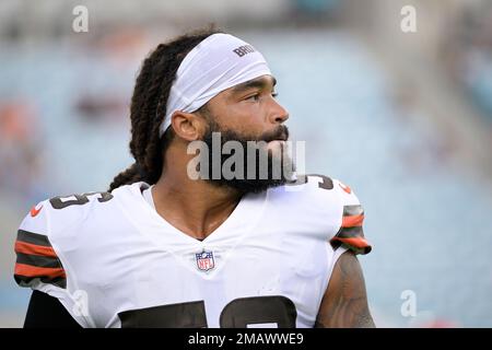 Cleveland Browns wide receiver Travell Harris (83) walks off the field at  the end of an NFL preseason football game against the Jacksonville Jaguars,  Friday, Aug. 12, 2022, in Jacksonville, Fla. The