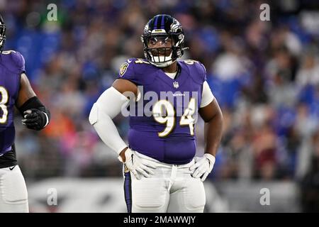 Baltimore Ravens defensive tackle Isaiah Mack (94) watches the action  during a NFL football game against the Tampa Bay Buccaneers,Thursday, Oct.  27, 2022 in Tampa, Fla. (AP Photo/Alex Menendez Stock Photo - Alamy