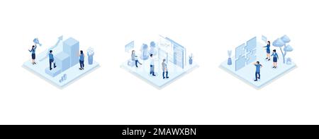 Business strategy illustration set. Characters assembling jigsaw puzzle, moving chess figure, demonstrating financial growth. Strategy, planning and s Stock Vector