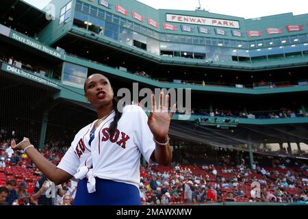 Jennifer Hudson stands for the national anthem with the Boston Red