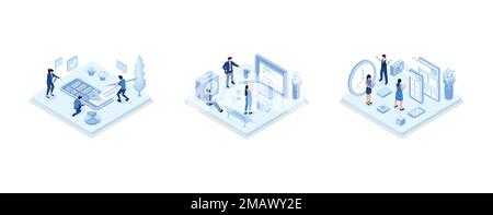 Schedule planning illustration set. Characters planning work tasks, filling check list, making schedule using calendar. Business and organization conc Stock Vector