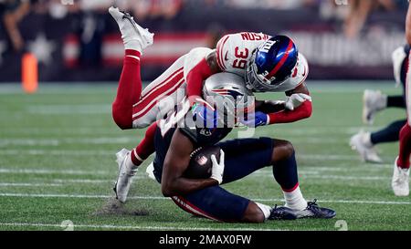 New York Giants safety Trenton Thompson (39) walks off the field after  their 31-27 loss to the New York Jets in an NFL pre-season football game,  Sunday, Aug. 27, 2022, in East