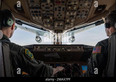 KC-46A Pegasus pilots assigned to the 916th Air Refueling Wing at Seymour Johnson Air Force Base, North Carolina, receive fuel from a KC-46 over North Carolina, June 6, 2022. The KC-46 can refuel through three option, the boom, drogue or wing aerial refueling pods. Stock Photo