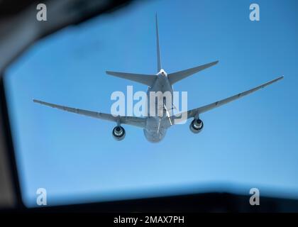 A KC-46A Pegasus assigned to the 916th Air Refueling Wing at Seymour Johnson Air Force Base, North Carolina, flies over North Carolina, June 6, 2022. The KC-46 was on a training mission where it aerial refueled another KC-46. Stock Photo