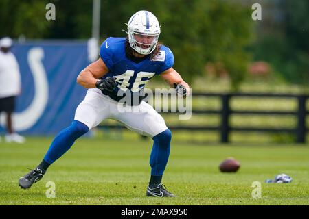 AFC long snapper Luke Rhodes of the Indianapolis Colts (46) looks out  during the singing of the national anthem before the Pro Bowl NFL football  game, Sunday, Feb. 6, 2022, in Las