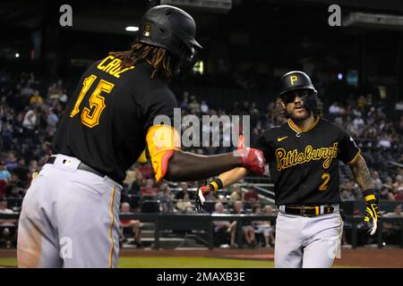 PITTSBURGH, PA - AUGUST 03: Pittsburgh Pirates shortstop Oneil Cruz (15)  reacts after hitting a two-run home run to center field in the seventh  inning of an MLB game against the Milwaukee