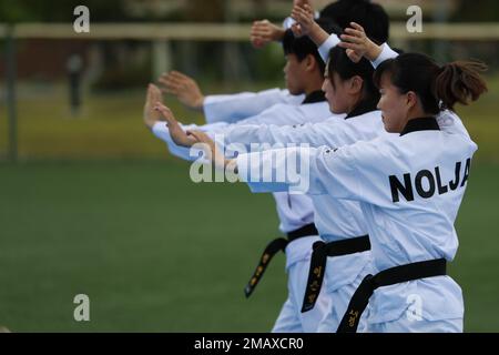 A Korean Taekwondo demonstration team begin the KATUSA Friendship Week ceremony with a martial arts performance on Camp Humphreys, Republic of Korea, 7 June, 2022. KATUSA Friendship Week is hosted annually to facilitate unit cohesion, solidify friendship and foster a cultural understanding between both countries. Stock Photo