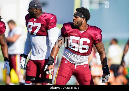 Washington Commanders defensive end Will Bradley-King (56) runs during an  NFL football game against the Carolina Panthers, Saturday, Aug. 13, 2022 in  Landover. (AP Photo/Daniel Kucin Jr Stock Photo - Alamy