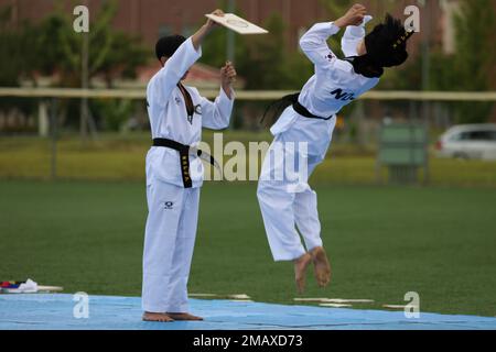 A Korean Taekwondo demonstration team begin the KATUSA Friendship Week ceremony with a martial arts performance on Camp Humphreys, Republic of Korea, 7 June, 2022. KATUSA Friendship Week is hosted annually to facilitate unit cohesion, solidify friendship and foster a cultural understanding between both countries. Stock Photo