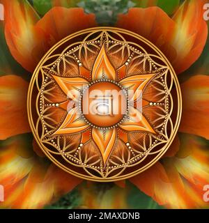 SACRAL CHAKRA (2. Chakra, Svadhisthana) on mystical Flower of Life background. Stock Photo