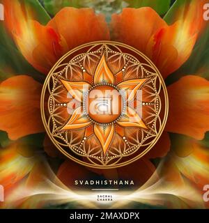 SACRAL CHAKRA (2. Chakra, Svadhisthana) on mystical Flower of Life background. Stock Photo