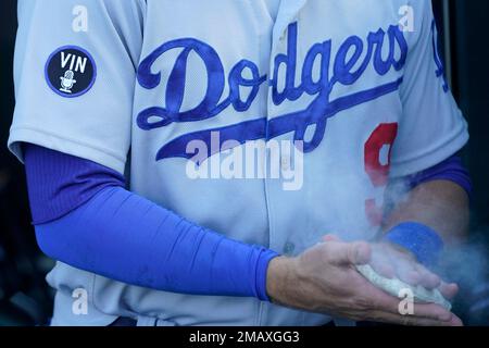 A patch honoring broadcaster Vin Scully is shown on the jersey of Los  Angeles Dodgers second baseman Gavin Lux before the team's baseball game  against the San Francisco Giants in San Francisco