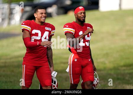 Kansas City Chiefs wide receivers Skyy Moore (24) and Corey Coleman (19)  arrive at NFL football training camp Sunday, Aug. 7, 2022, in St. Joseph,  Mo. (AP Photo/Charlie Riedel Stock Photo - Alamy