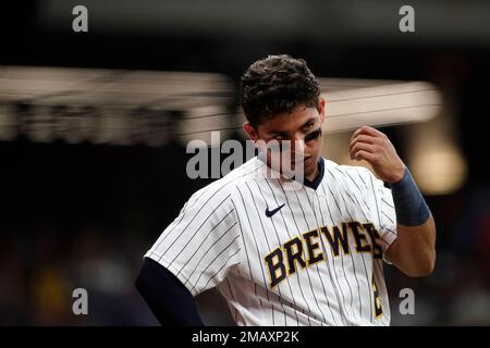 Milwaukee Brewers' Luis Urias of a baseball game against the San Diego  Padres Monday, April 19, 2021, in San Diego. (AP Photo/Gregory Bull Stock  Photo - Alamy