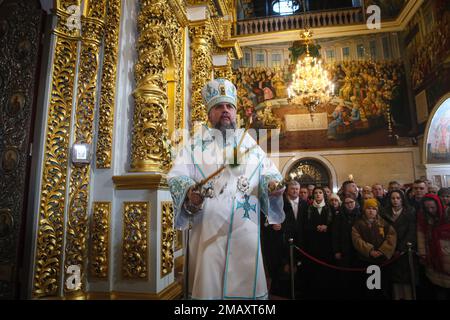 Non Exclusive: KYIV, UKRAINE - JANUARY 19, 2023 - Primate of the Orthodox Church of Ukraine, Metropolitan Epifanii of Kyiv and All Ukraine conducts th Stock Photo