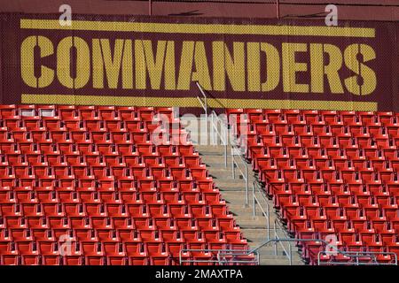 The Washington Commanders logo is seen in the end zone before a NFL  football game between the Washington Commanders and the Jacksonville Jaguars,  Sunday, Sept. 11, 2022, in Landover, Md. (AP Photo/Nick