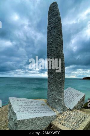 World War II Pointe du Hoc Ranger Monument; during the American assault of Omaha and Utah beaches on June 6, 1944, U.S. Army Rangers scaled the 100-foot cliffs and seized a number of German artillery pieces, Cricqueville-en-Bessin, France, June 8, 2022. This year, U.S. Army Europe and Africa commemorates the 78th anniversary of D-Day, the largest multi-national amphibious landing and operational military airdrop in history, and highlights the U.S.' steadfast commitment to European allies and partners. Stock Photo