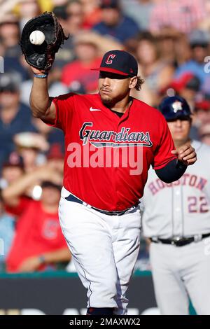 Cleveland Guardians' Josh Naylor looks on during the second inning of a  baseball game against the Miami Marlins, Sunday, April 23, 2023, in  Cleveland. (AP Photo/Nick Cammett Stock Photo - Alamy