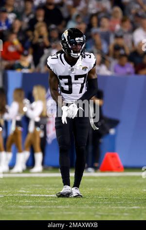 Jacksonville Jaguars cornerback Tre Herndon (37) lines up for a play during  an NFL preseason football game against the Las Vegas Raiders, Thursday,  Aug. 4, 2022, in Canton, Ohio. (AP Photo/Kirk Irwin