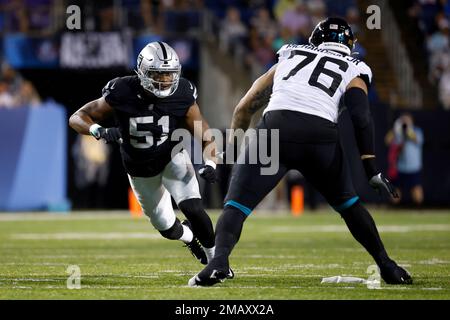 Las Vegas Raiders defensive end Malcolm Koonce (51) warms up