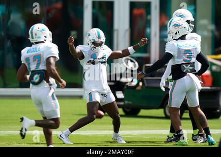 Miami Dolphins wide receiver Trent Sherfield (14) runs a play during an NFL  football game against the Philadelphia Eagles, Saturday, Aug. 27, 2022, in  Miami Gardens, Fla. (AP Photo/Doug Murray Stock Photo - Alamy