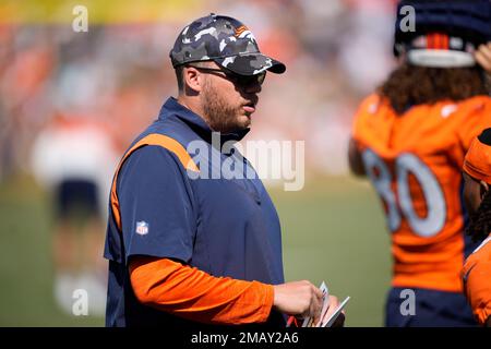 Denver Broncos running back Max Borghi (36) takes part in drills during the  NFL football team's training camp Friday, Aug. 5, 2022, at the Broncos'  headquarters in Centennial, Colo. (AP Photo/David Zalubowski