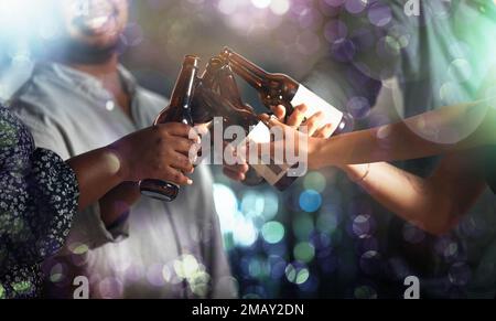 Hands, beer or toast circle in party, nightclub event or bokeh disco for birthday celebration, friends drinks or social gathering. Smile, happy or Stock Photo