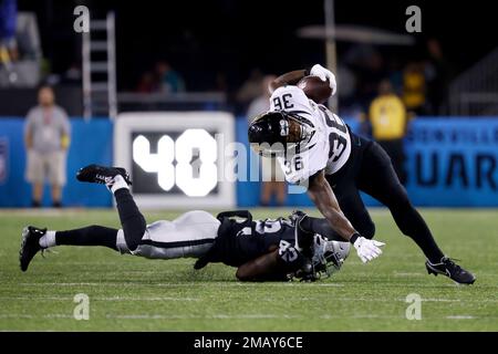 Jacksonville Jaguars running back Mekhi Sargent (36) is tackled by