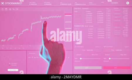 Hand, dashboard ui and man with stock market, trading or investment app. Ux, data and male with pink user interface or software for crypto currency Stock Photo