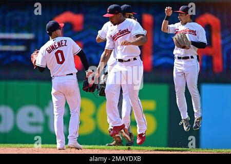 Cleveland Guardians right fielder Will Brennan greets teammates after the  ninth inning of a baseball game against the Detroit Tigers, Wednesday,  April 19, 2023, in Detroit. (AP Photo/Carlos Osorio Stock Photo - Alamy