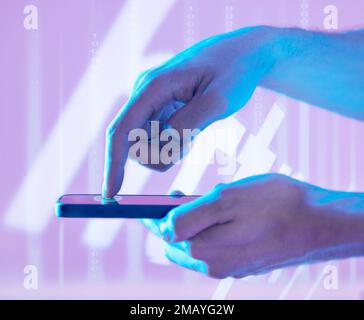 Futuristic, fingerprint and hands of man with phone pressing to unlock. Biometric, finger scanning and male with mobile smartphone for cyber security Stock Photo