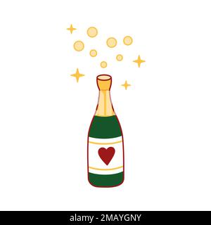 Bottle of champagne icon. Wine bottle with bubbles. Champagne vintage glass bottle of sparkling wine. Hand drawn Vector illustration in doodle style. Stock Vector