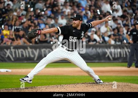 Chicago White Sox relief pitcher Jake Diekman delivers during the seventh  inning of a baseball game against the Kansas City Royals Wednesday, Aug. 3,  2022, in Chicago. (AP Photo/Charles Rex Arbogast Stock