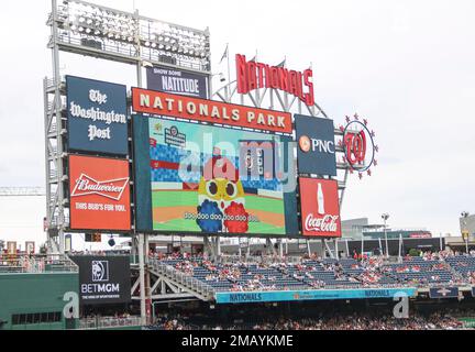 Prime Minister Rishi Sunak poses with Washington Nationals mascot Screech,  as he attends the Washington Nationals v Arizona Diamondbacks baseball at  Nationals Park during his visit to Washington DC in the US.