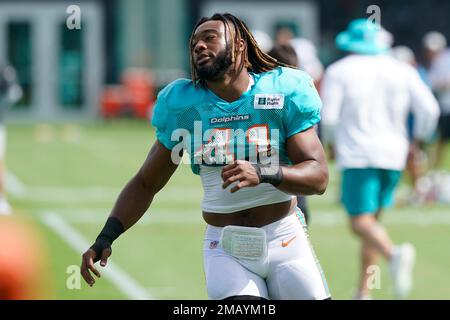 Miami Dolphins linebacker Darius Hodge (41) walks off the field during the  first half of a NFL preseason football game against the Philadelphia Eagles,  Saturday, Aug. 27, 2022, in Miami Gardens, Fla. (