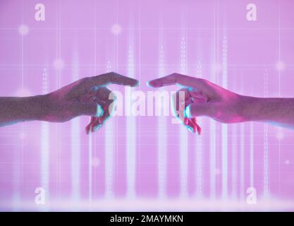 Metaverse, touching and hands of people in digital world for connection, communication and social network. Futuristic, neon and fingers for vr Stock Photo