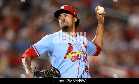 This is a 2022 photo of Génesis Cabrera of the St. Louis Cardinals baseball  team. This image reflects the St. Louis Cardinals active roster Saturday,  March 19, 2022, in Jupiter Fla., when