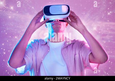 Futuristic, virtual reality and man in universe space on 3d technology headset. Vr metaverse, pink neon and male exploring a future cyber galaxy Stock Photo